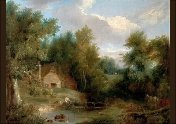 Landscape, Cottage and a Stream with a Figure and a House