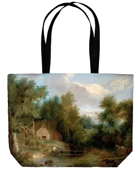 Landscape, Cottage and a Stream with a Figure and a House