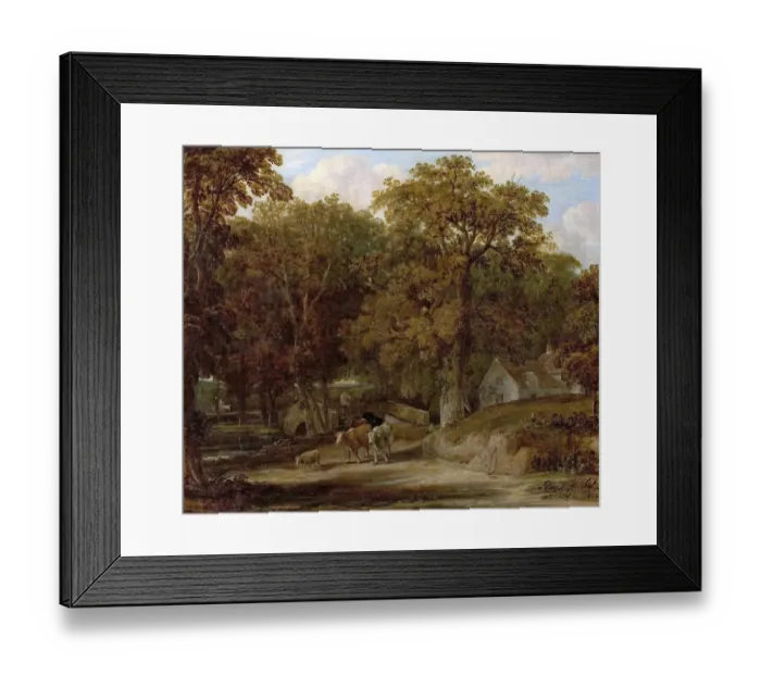 Framed Print : Woodland Scene with Bridge and Cattle Framed Print : Woodland Scene with Bridge and Cattle