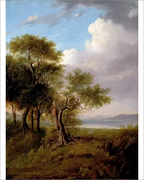 Landscape, Trees in the Foreground, Lake and Hills in the Distance