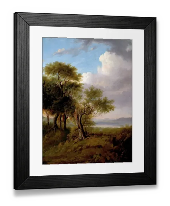 Framed Print : Landscape, Trees in the Foreground, Lake and Hills in the Distance Framed Print : Landscape, Trees in the Foreground, Lake and Hills in the Distance