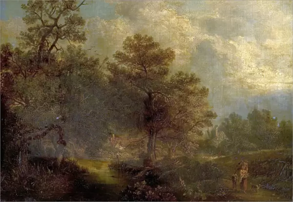 Woodland Scene with Stream and Cottages