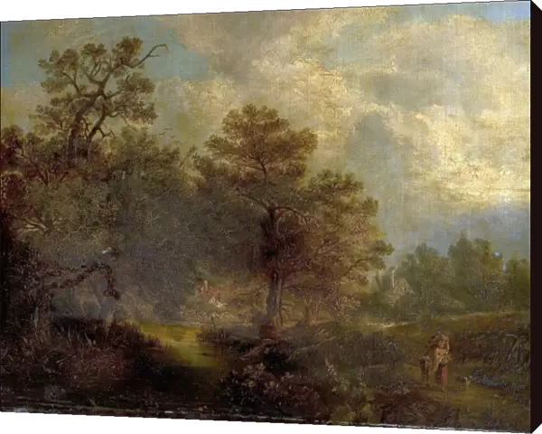 Woodland Scene with Stream and Cottages