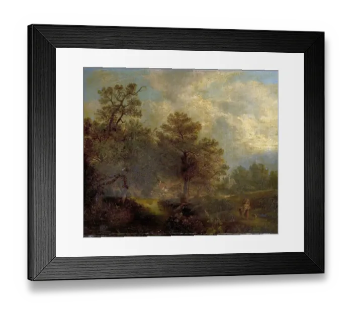 Framed Print : Woodland Scene with Stream and Cottages