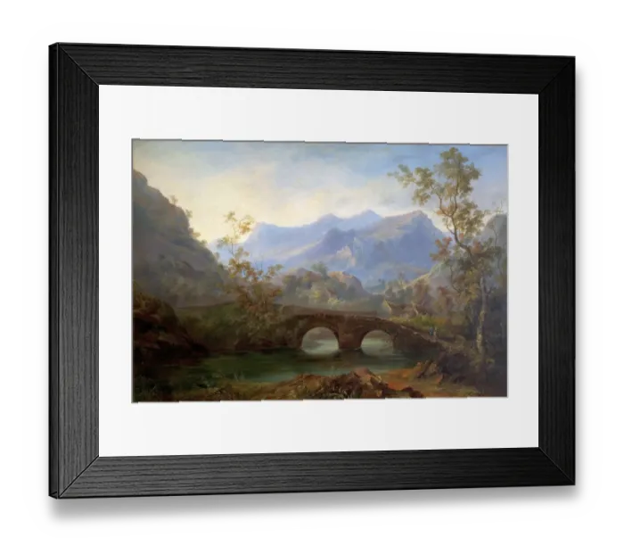 Framed Print : Mountainous Landscape with River, Bridge and Cottages Framed Print : Mountainous Landscape with River, Bridge and Cottages