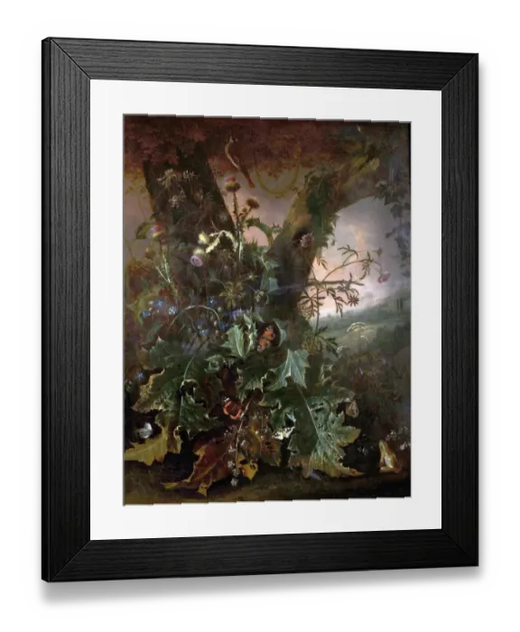 Framed Print : Still Life with Frog and Goldfinch (Thistles and Butterflies) Framed Print : Still Life with Frog and Goldfinch (Thistles and Butterflies)