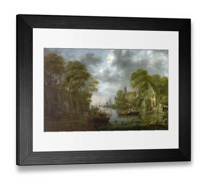 Framed Print : River Scene with Boats and Figures Framed Print : River Scene with Boats and Figures