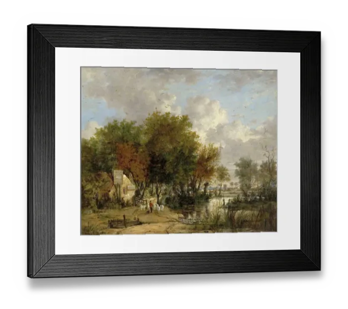 Framed Print : River Scene, Boy Driving Sheep Framed Print : River Scene, Boy Driving Sheep