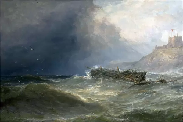 Brig Drifting Ashore off Bamborough, Northumberland (Bamborough Castle, Northumberland with a Wreck)