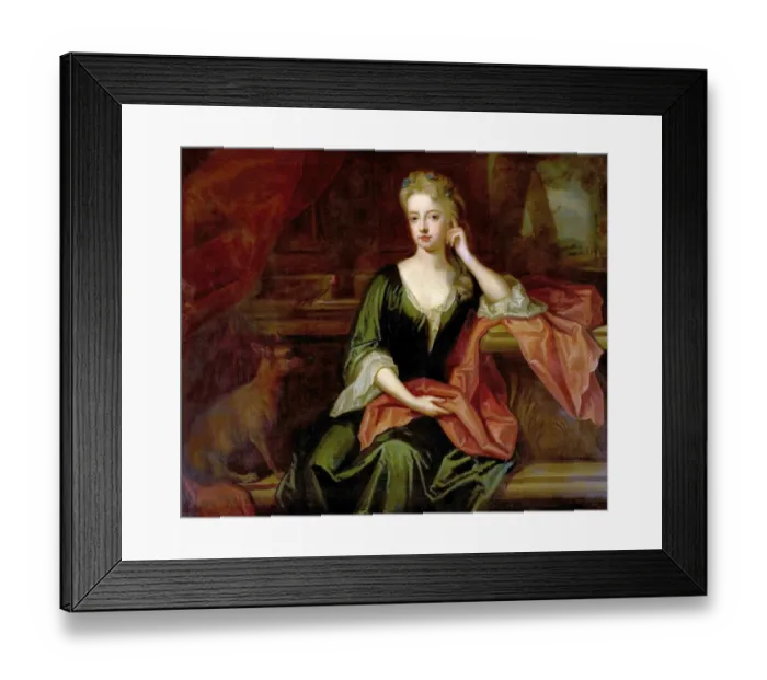 Framed Print : Lady with a Dog and a Parrot - Godfrey Kneller (school of) Framed Print : Lady with a Dog and a Parrot - Godfrey Kneller (school of)