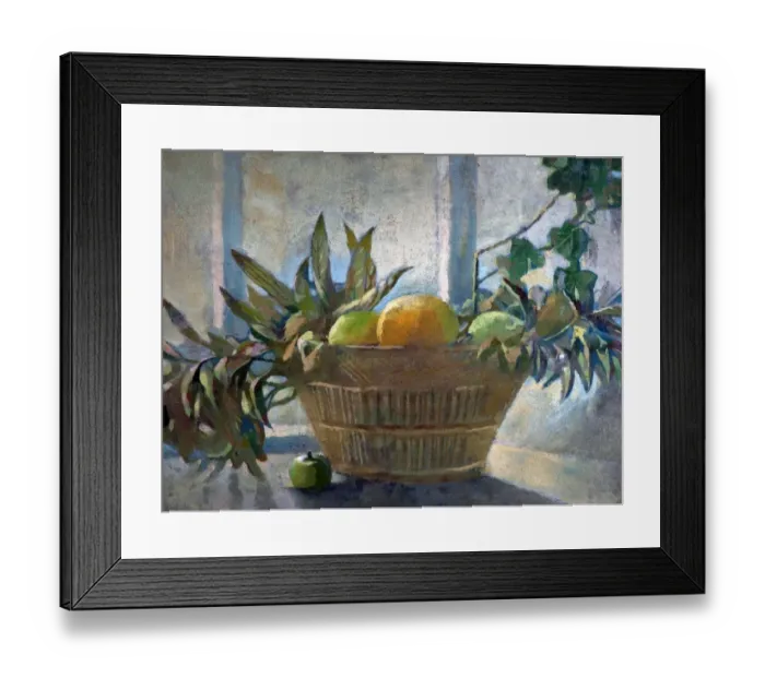 Framed Print : Fruit and Leaves in a Basket - George Sheringham Framed Print : Fruit and Leaves in a Basket - George Sheringham