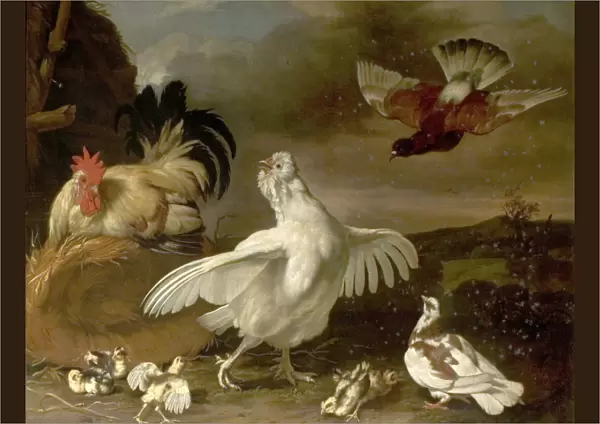 Cock and Hen with Chickens and Pigeons - Johannes Spruyt