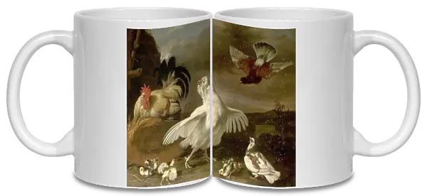 Cock and Hen with Chickens and Pigeons - Johannes Spruyt
