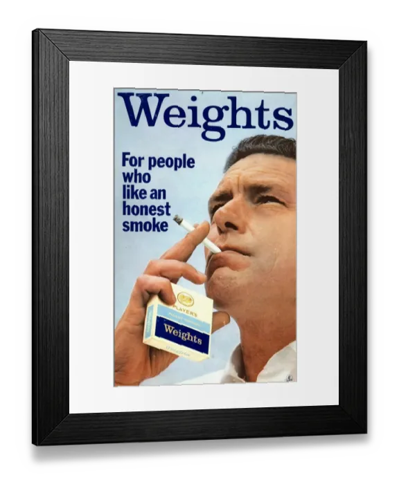 Framed Print : Weights, For people who like an honest smoke, 1967 Framed Print : Weights, For people who like an honest smoke, 1967