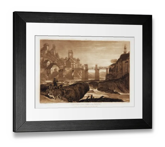 Framed Print : Lauffenbourg on the Rhine from Liber Studiorum, drawn and etched by J. M. W. Turner; engraved by T. Hodgetts; published by Mr Turner, 1. 1. 1811 Framed Print : Lauffenbourg on the Rhine from Liber Studiorum, drawn and etched by J. M. W. Turner; engraved by T. Hodgetts; published by Mr Turner, 1. 1. 1811