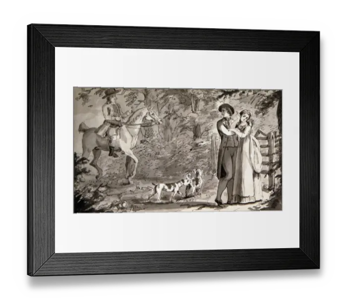 Framed Print : Lovers with Man on Horseback, by English School, 1700-1799 Framed Print : Lovers with Man on Horseback, by English School, 1700-1799