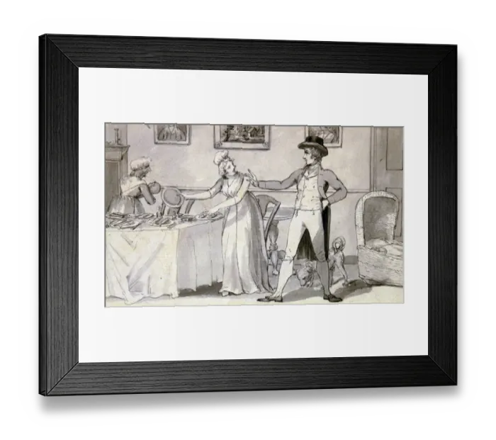 Framed Print : Couple in Interior with Cradle, by English School, 1700-1799 Framed Print : Couple in Interior with Cradle, by English School, 1700-1799