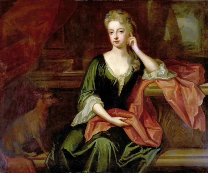 Framed Print : Lady with a Dog and a Parrot - Godfrey Kneller (school of) Framed Print : Lady with a Dog and a Parrot - Godfrey Kneller (school of)