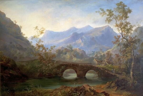 Mountainous Landscape with River, Bridge and Cottages