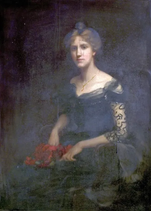 Framed Print : Mrs Mary E. Pennel (Portrait of a Seated Woman Dressed in Black with Red Flowers on Her Lap)