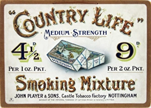 <b class=qtipBold><figcaption>Country Life tobacco, 1905</figcaption></b><br>Player's Country Life smoking mixtures counter card. The card is rectangular and much of the text is embossed. In the centre are two packs of medium tobacco. The text reads " "COUNTRY LIFE // MEDIUM STRENGTH // 41/2D // PER 1OZ. PKT // 9D // PER 2OZ PKT. // Smoking Mixture // JOHN PLAYER & SONS, Castle Tobacco Factory NOTTINGHAM // BRANCH OF THE IMPERIAL TOBACCO CO. (of Great Britain & Ireland) LIMITED." There is a hanging loop to the top. On the reverse is a hand-written note which reads "C8" and another which reads "DUPLICATE".<br><em>© Produced by the kind permission of Imperial Tobacco Limited, England </em> Country Life tobacco, 1905