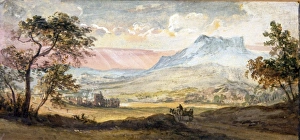 <b class=qtipBold><figcaption>Mountain Sunset, by Paul Sandby</figcaption></b><br>The rocky foreground is in shadow and trees stand to the left and right. A road leads from the bottom right hand corner diagonally to the left middle distance, passing some ruins. A horse and cart with lone driver head towards the ruins. painting (gouache), 62x130 mm, mount 224x214 mm Mountain Sunset, by Paul Sandby