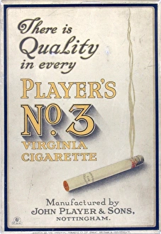 <b class=qtipBold><figcaption>No. 3 cigarettes, 1924=25</figcaption></b><br>Player's No. 3 cigarettes rectangular, metal counter card, depicting a single, lit cigarette with a plume of smoke. The text on the card reads "There is // Quality // in every // PLAYER'S // No. 3 // VIRGINIA // CIGARETTE // Manufactured by // JOHN PLAYER & SONS, // NOTTINGHAM". On the reverse is a support to allow the card to stand upright.<br><em>© Produced by the kind permission of Imperial Tobacco Limited, England </em> No. 3 cigarettes, 1924=25