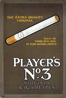<b class=qtipBold><figcaption>No. 3 cigarettes, 1926</figcaption></b><br>Player's No. 3 rectangular counter card. The background is brown with a paler brown border. It depicts a single cigarette. The text reads "THE EXTRA QUALITY // VIRGINIA // PLAIN OR // TIPPED WITH CORK // OF PURE NATURAL GROWTH // PLAYER'S // NO. 3 // VIRGINIA //CIGARETTES." The words No. 3 are printed in white (see notes). There is a hanging loop to the top. On the reverse is a label which reads "MARDONS // MANUFACTURERS OF // WINDOW NOVELITES // EMBOSSED SHOWCARDS &c &c // VARNISHERS // GELATINERS & FRAME MAKERS // BRISTOL & LONDON".<br><em>© Produced by the kind permission of Imperial Tobacco Limited, England </em> No. 3 cigarettes, 1926