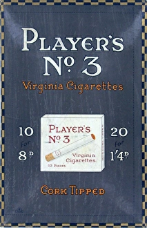 <b class=qtipBold><figcaption>No. 3 cigarettes, 1928</figcaption></b><br>Player's No. 3 rectangular, convex counter card. The background is brown with a darker brown and gold checked border. It depicts a pack of No. 3 cigarettes. The text reads "PLAYER'S NO. 3 // Virginia Cigarettes // 10 // for // 8D // 20 // for 1/4D // CORK TIPPED". On the reverse is a support to allow the card to stand upright and a label which reads "MARDONS // MANUFACTURERS OF // WINDOW NOVELITES // EMBOSSED SHOWCARDS &c &c // VARNISHERS // GELATINERS & FRAME MAKERS // BRISTOL & LONDON".<br><em>© Produced by the kind permission of Imperial Tobacco Limited, England </em> No. 3 cigarettes, 1928
