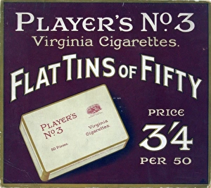 <b class=qtipBold><figcaption>No. 3 cigarettes, 1929</figcaption></b><br>Player's No. 3 rectangular counter card. The background is brown with a paler brown border. It depicts a box of No. 3 cigarettes. The text reads "PLAYER'S NO. 3 // Virginia Cigarettes // FLAT TINS OF FIFTY // PRICE // 3/4 // PER 50". On the reverse are marks where a support would have been attached, but this is now missing.<br><em>© Produced by the kind permission of Imperial Tobacco Limited, England </em> No. 3 cigarettes, 1929