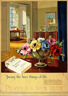 <b class=qtipBold><figcaption>No. 3 Cigarettes, 1936</figcaption></b><br>Player's No. 3 cigarettes rectangular counter card. The top three-quarters of the card depicts an interior scene. In the background, through an open double-doorway, is a dining table and chair in front of a window. There is a bowl of flowers on the table. To the right of the doorway is a sideboard with a candelabra, two candlesticks and a bowl of fruit. In the foreground, on a table is a bowl of anemones and an open pack of No.3 cigarettes. Below the picture is the text "Among the finer things of life // Superb craftsmanship working on // exquisite Virginia leaf has produced // in Player's No.3 a cigarette which // satisfies the most exacting smoker. // PLAYER'S No. 3 T// EXTRA QUALITY // VIRGINIA."<br><em>© Produced by the kind permission of Imperial Tobacco Limited, England </em> No. 3 Cigarettes, 1936