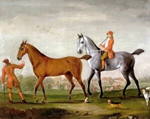 Local Artists And Places Collection: Two racehorses with grooms and hounds in the park at Newstead Abbey, by Peter Tillemans, 1724