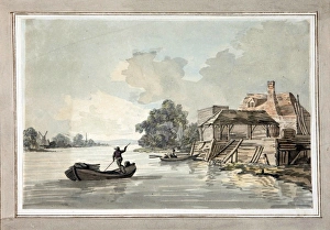 <b class=qtipBold><figcaption>River Scene, by E. W. Burney</figcaption></b><br>Simple and undetailed riverside scene. A man punts away from the foreground. A large house to the right with covered barn and barrels. Windmill and church spire at distant left. River Scene, by E. W. Burney