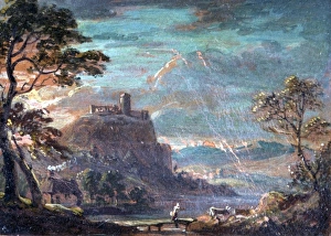 <b class=qtipBold><figcaption>Ruin on a Hill, by Paul Sandby</figcaption></b><br>Mountainous landscape with a ruin on a large cliff in the distance. A cottage with smoking chimney and trees nearby sits on the left bank of a river or lake in the valley. Large trees fill the foreground left and right. painting (gouache), 72x102 mm, mount 315x388 mm Ruin on a Hill, by Paul Sandby
