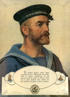 <b class=qtipBold><figcaption>The Sailor, 1950</figcaption></b><br>Player's Navy Cut rectangular covered counter-card featuring a reproduction of a painting of the Navy Cut sailor with "HMS EXCELLENT" written on his cap. Beneath the sailor is a box of text surrounded by images of the two ships from the Navy Cut trademark and the trademark at the bottom. Text in the box reads: "The familiar Player's Sailor figure // symbolises all that is dependable and worth- // while in tobacco manufacture. In the // cigarette world he stands for Player's Navy // Cut - a name rendered justly famous for // the excellence and quality it gives to smokers." The counter-card features a faux-wood border. The Sailor, 1950