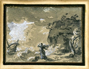 <b class=qtipBold><figcaption>The Shipwreck, by Paul Sandby</figcaption></b><br>A woman is standing on the shore at the right, with her arm raised to her head. Waves are crashing and the shipwreck can be seen to the left. A tree to the right foreground is windswept as are more trees on a high cliff at the right background. painting (watercolour and gouache), 53x72 mm The Shipwreck, by Paul Sandby