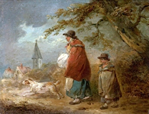 Woman Prints: Woman, Child and Dog on a Road